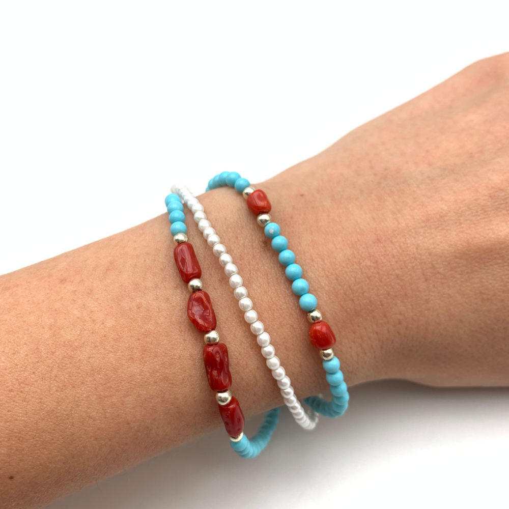 bracciale in argento 925 con pepite silver, pietre dure tonde naturali azzurre e coralli