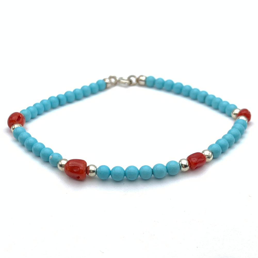 bracciale in argento 925 con pepite silver, pietre dure tonde naturali azzurre e coralli