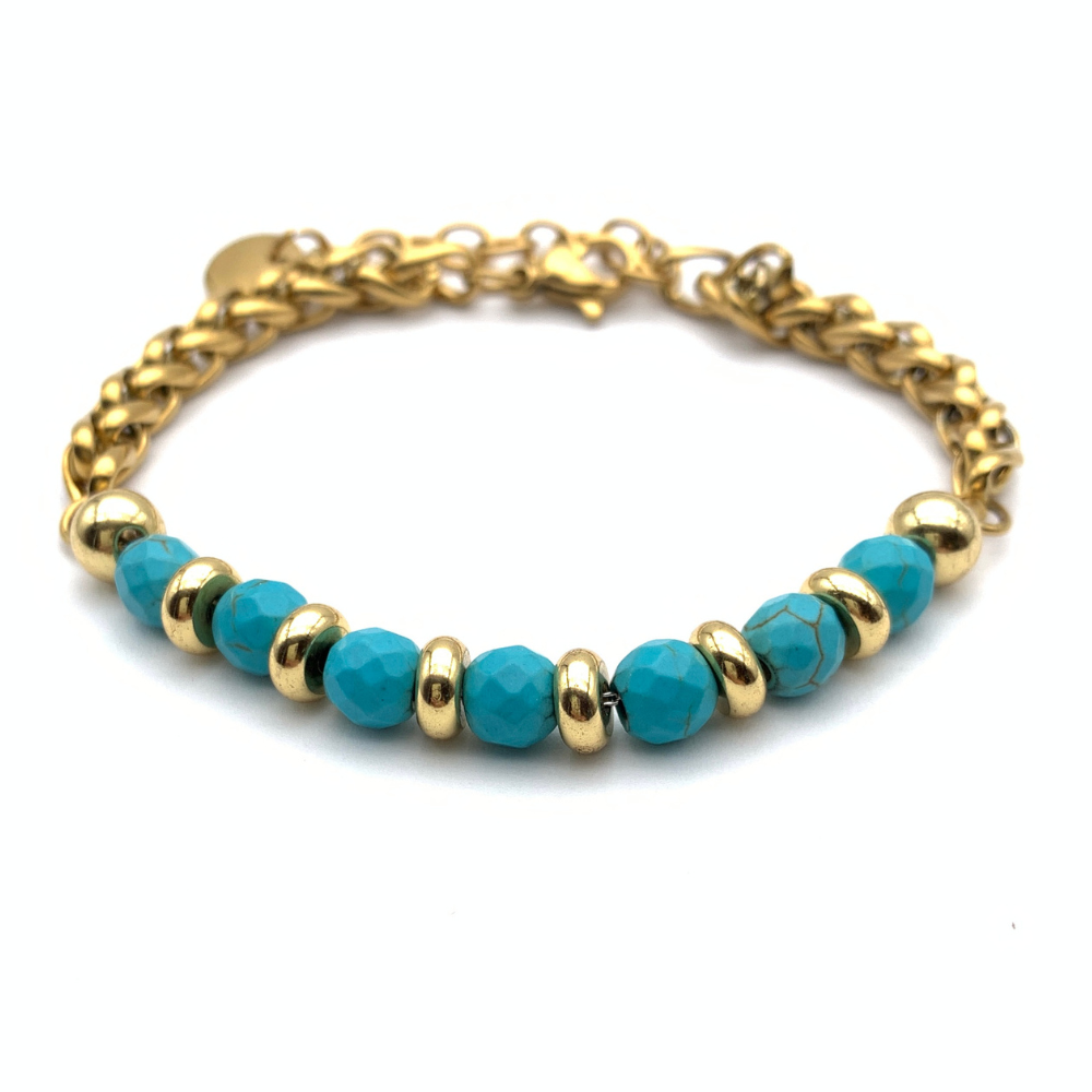 bracciale in acciaio gold con pietre azzurre e rondelle