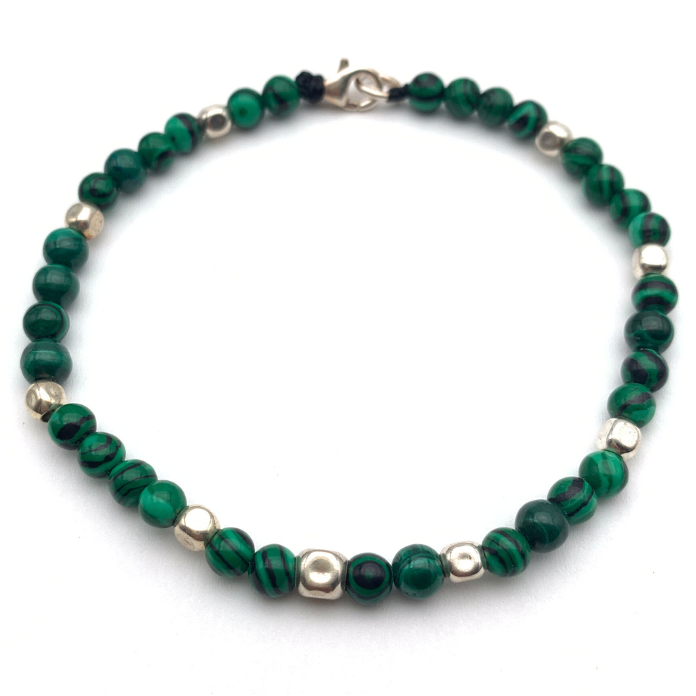 bracciale con pepite in argento 925 alternate a pietre dure verdi