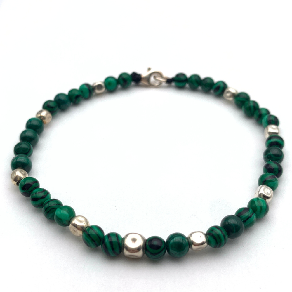 bracciale con pepite in argento 925 alternate a pietre dure verdi