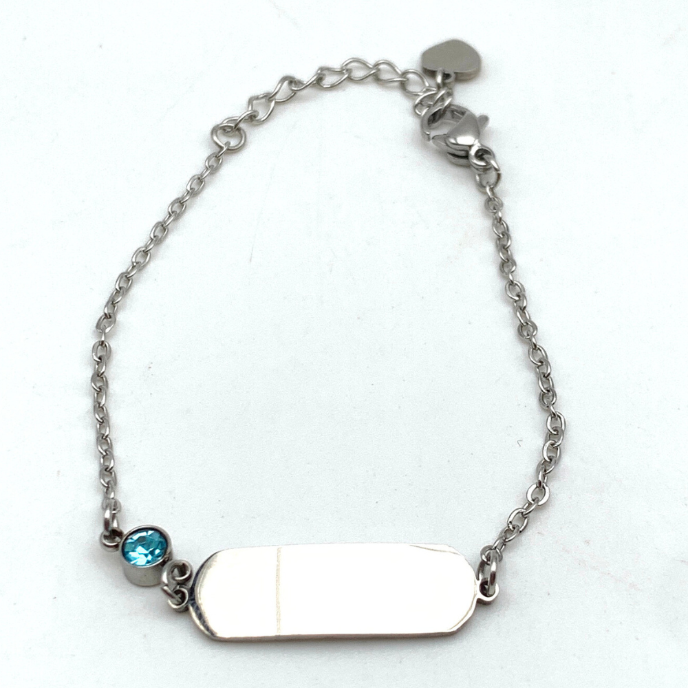 bracciale in acciaio silver con targhetta e zircone azzurro