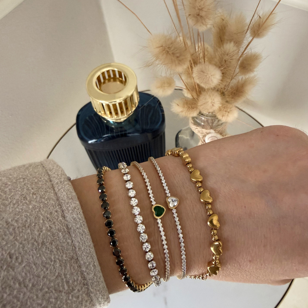 Bracciale Tennis in Acciaio Gold Cuore Bianco e Zirconi Bianchi