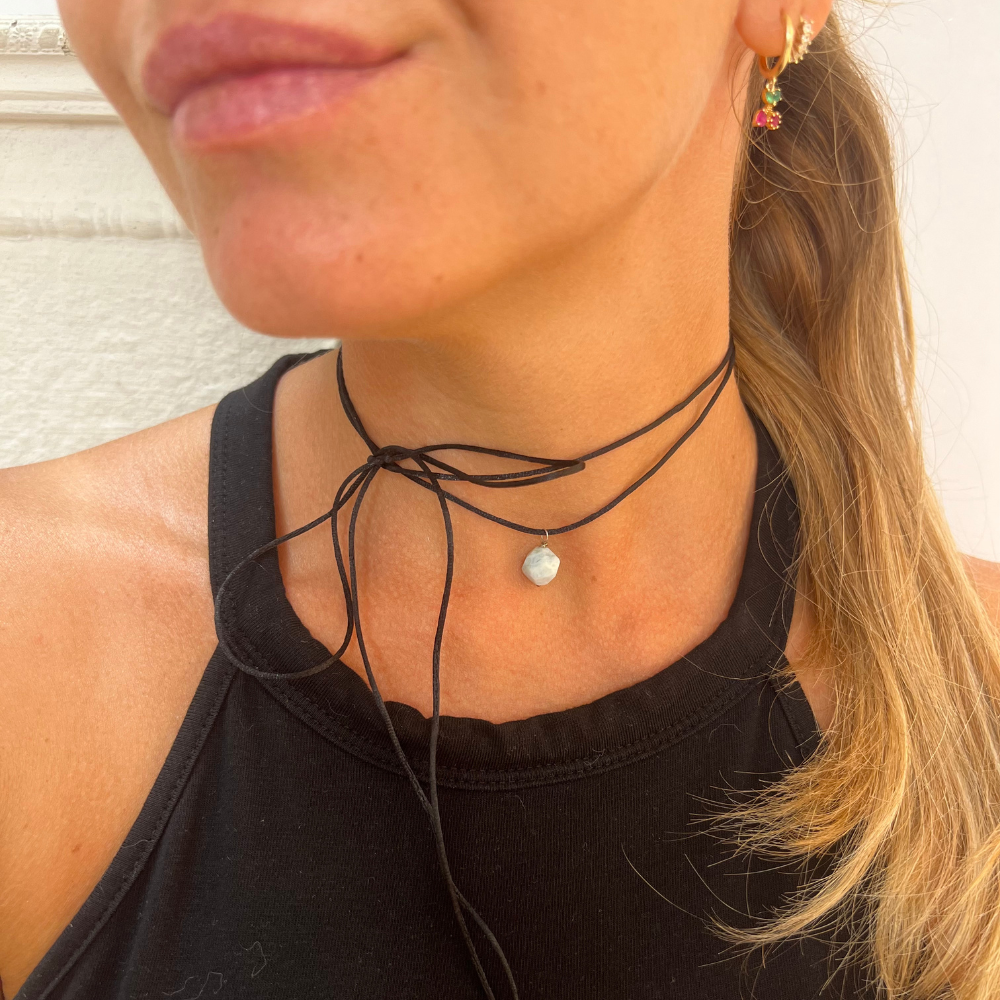 choker in argento silver e raso con pietra dura azzurra