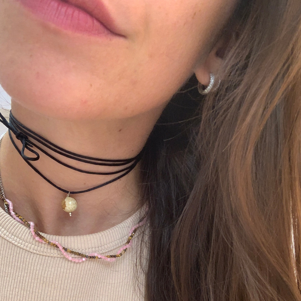 choker in argento silver e raso con pietra dura marrone