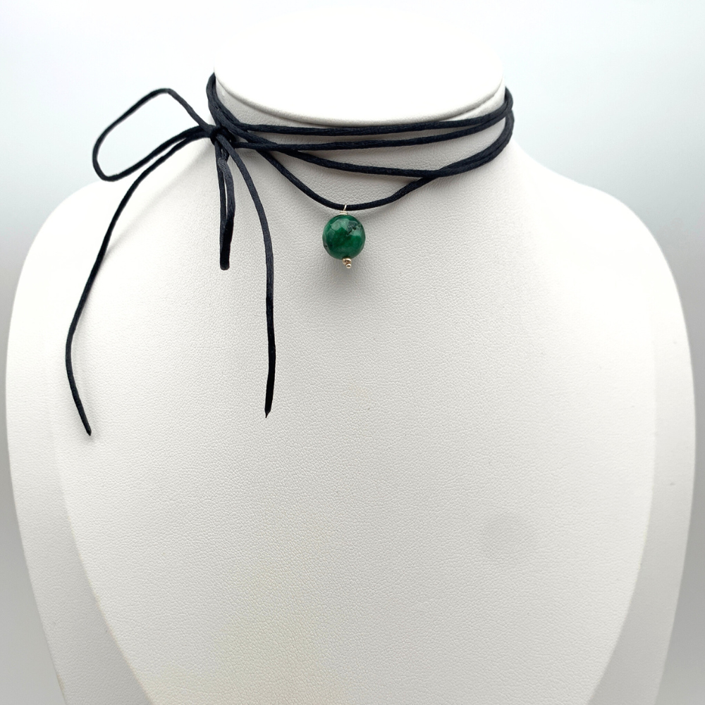 choker in argento silver e raso con pietra dura verde