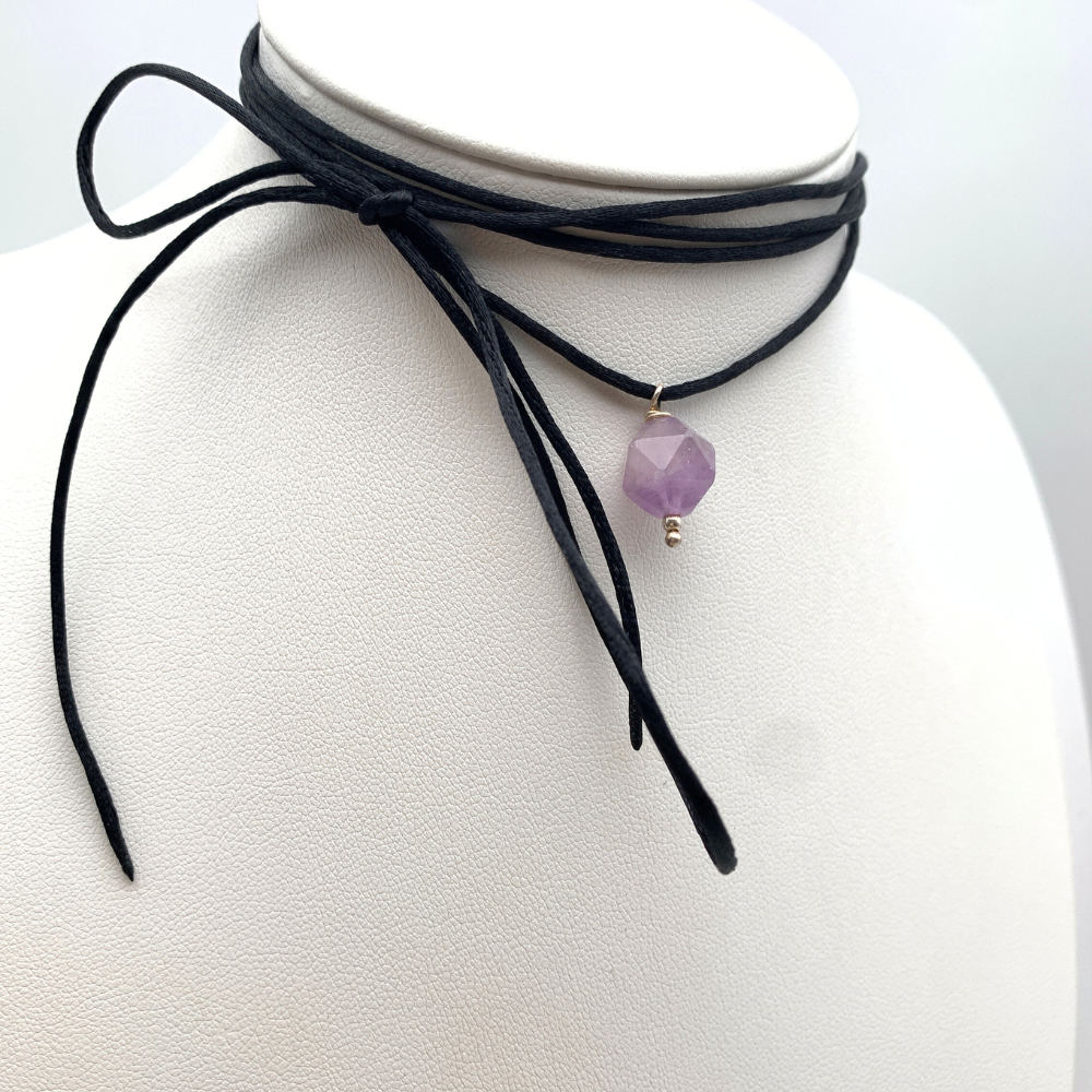 choker in argento silver e raso con pietra dura viola
