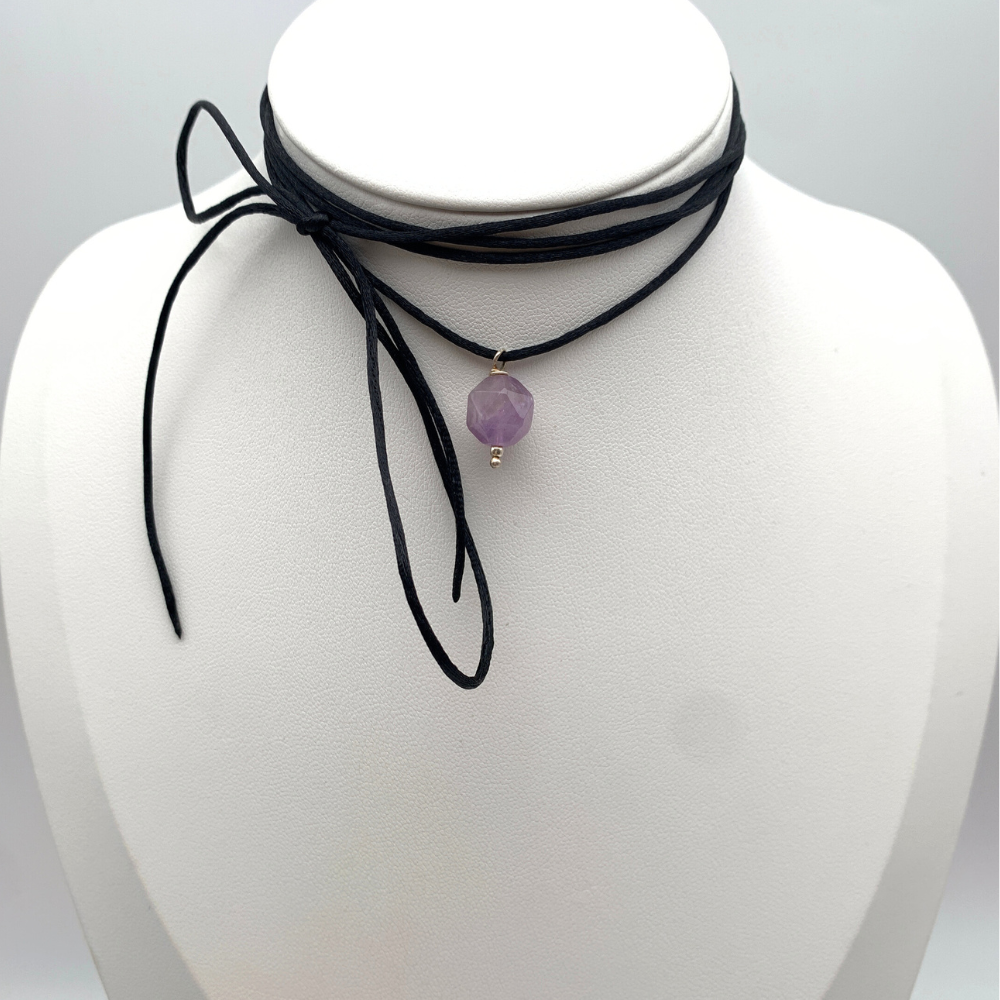 choker in argento silver e raso con pietra dura viola