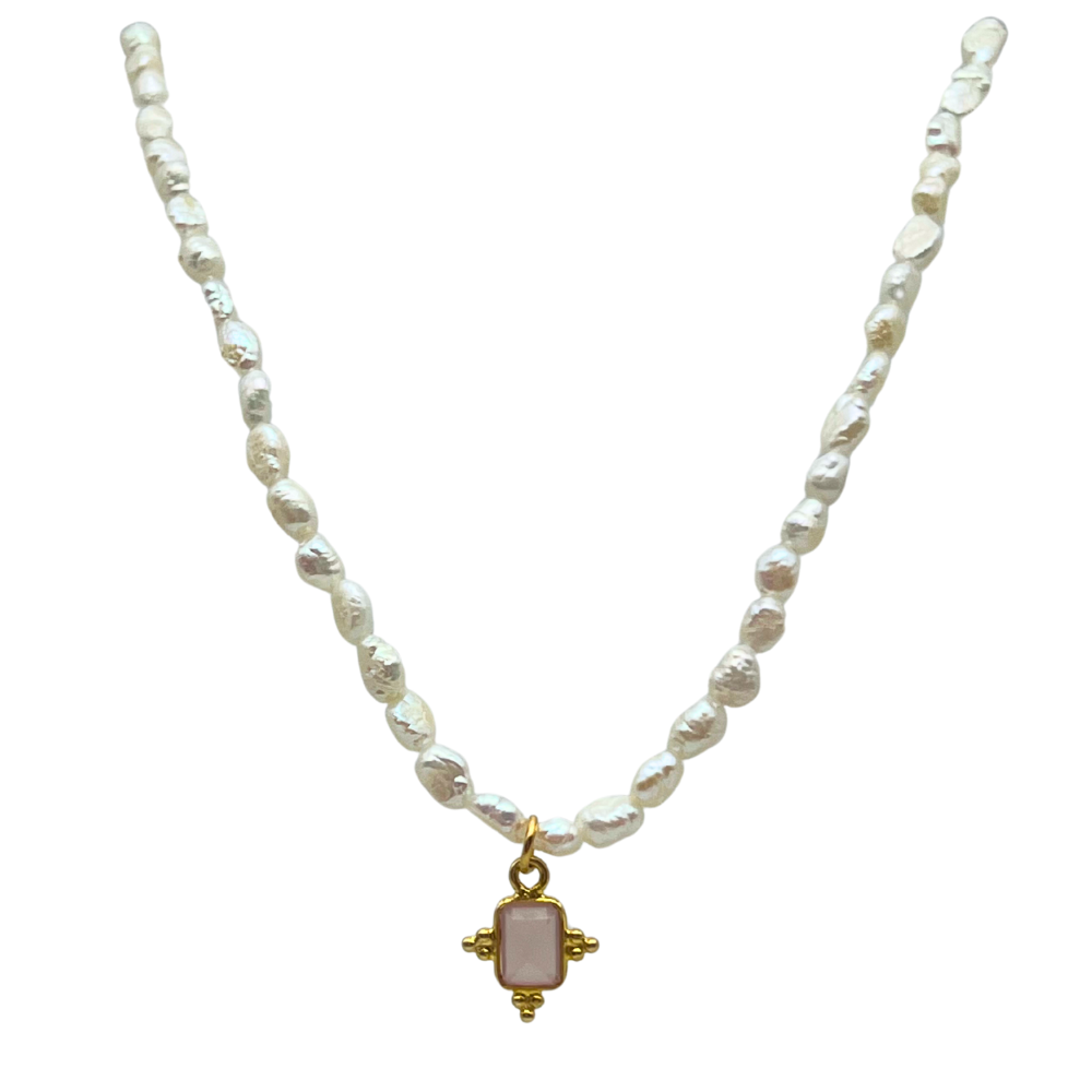 Collana Aurora con Micro Perle di Fiume e Pietra Rosa in Argento Gold