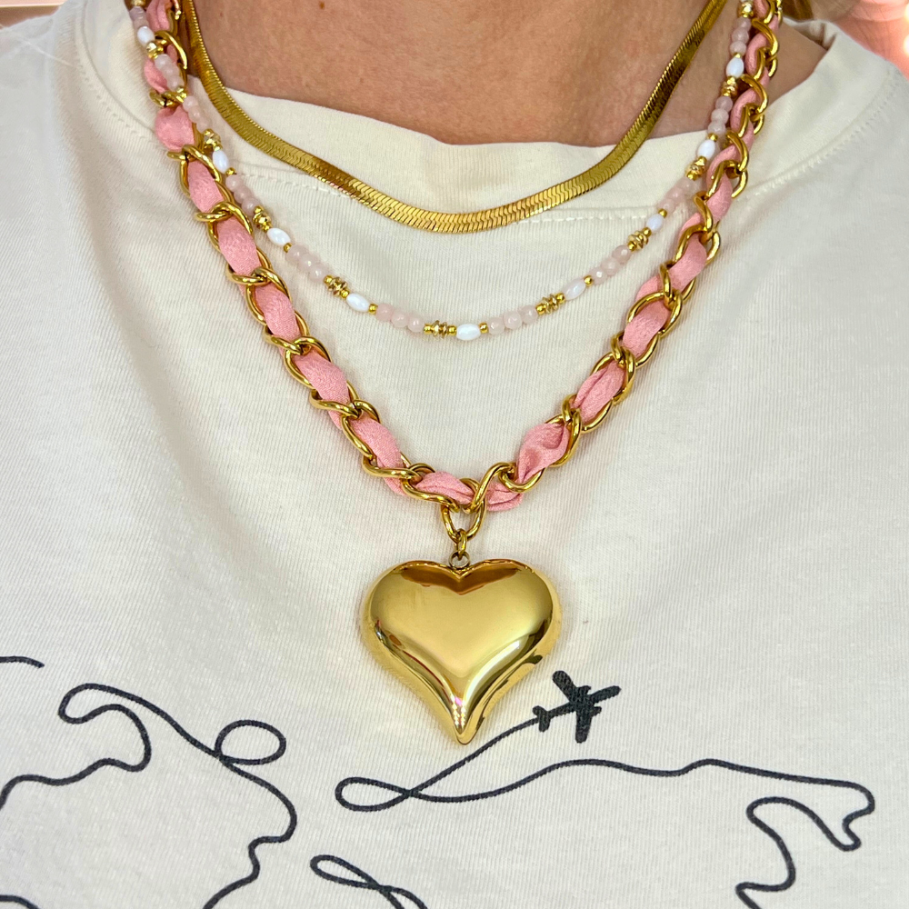 Collana con Perline Colorate Rosa Cipria in Acciaio Gold