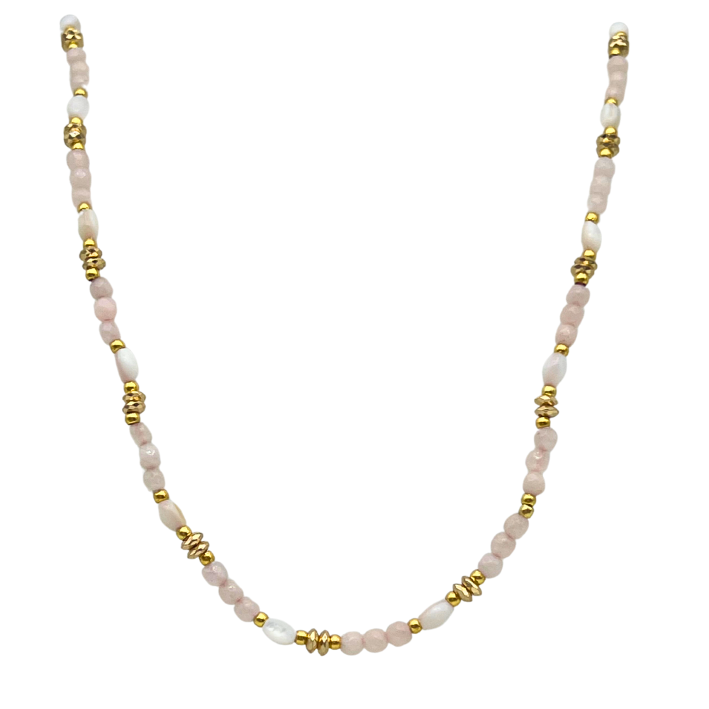 Collana con Perline Colorate Rosa Cipria in Acciaio Gold