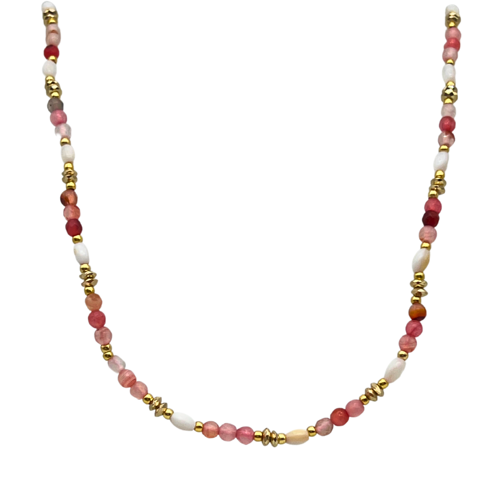 Collana con Perline Colorate Rosa e Arancioni in Acciaio Gold