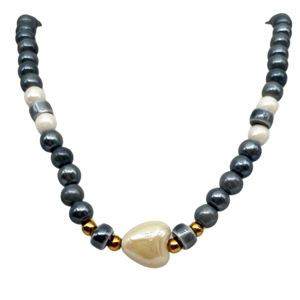 Collana Grigio Topo e White heart in Acciaio Gold
