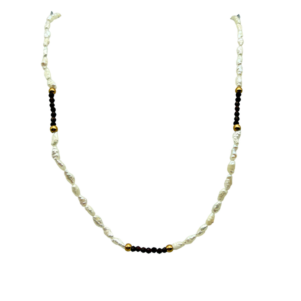 Collana Ambra con Perle di Fiume e Cristalli Marroni in Acciaio Gold