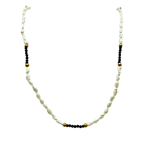Collana Ambra con Perle di Fiume e Cristalli Marroni in Acciaio Gold