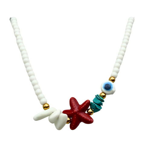 Collana Bianca e Stella Marina Rossa e Occhio Greco in Acciaio Gold