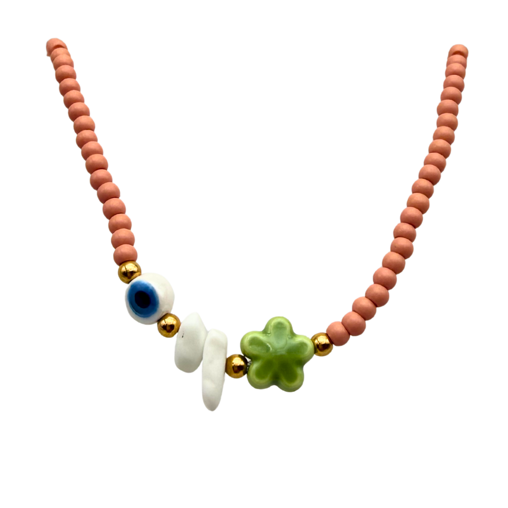 Collana Color Carne con Fiore e Occhio Greco in Acciaio Gold