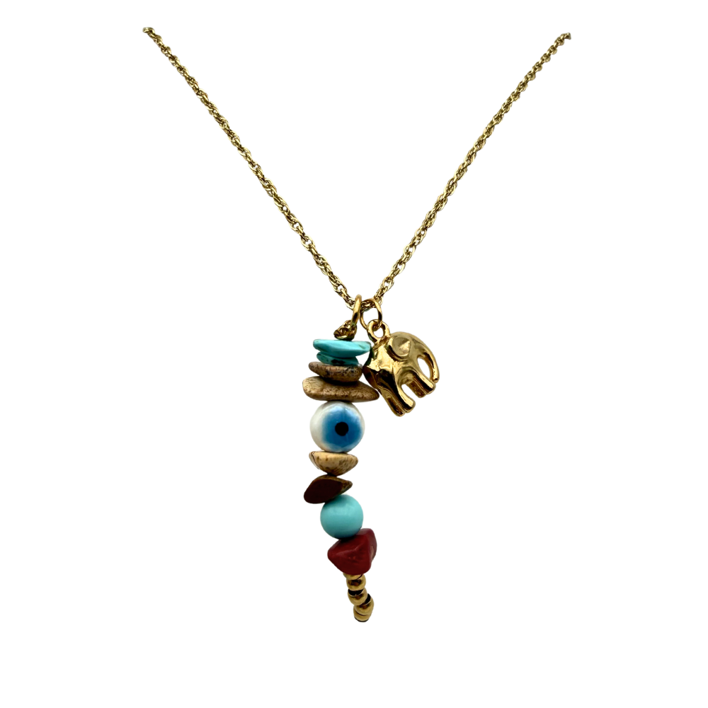 Collana Charms Sassolini Multicolor & Elefante in Acciaio Gold