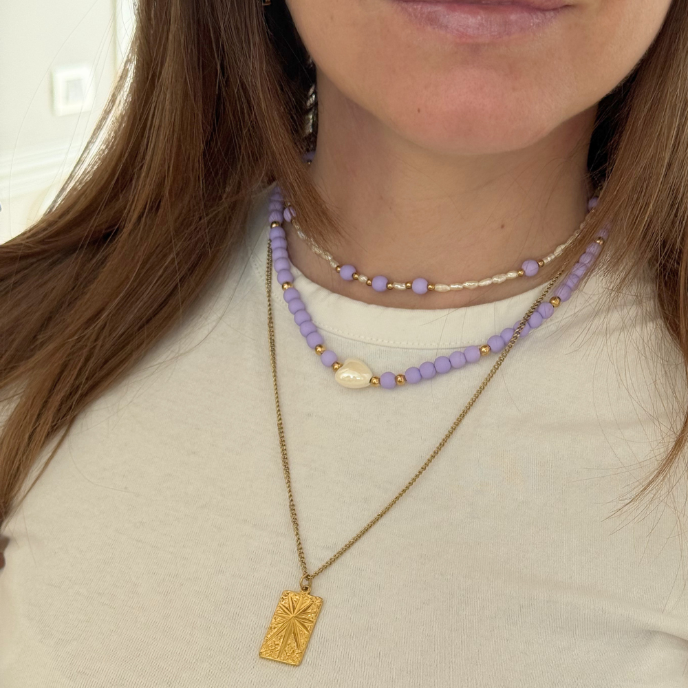 Collana Choker Micro Perle di Fiume & Lilla in Acciaio Gold