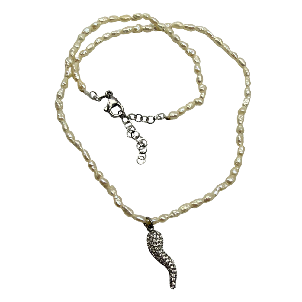Collana Choker Cornetto Micro Perle di Fiume in Acciaio Silver