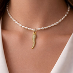 Collana Choker Cornetto Micro Perle di Fiume in Acciaio Gold