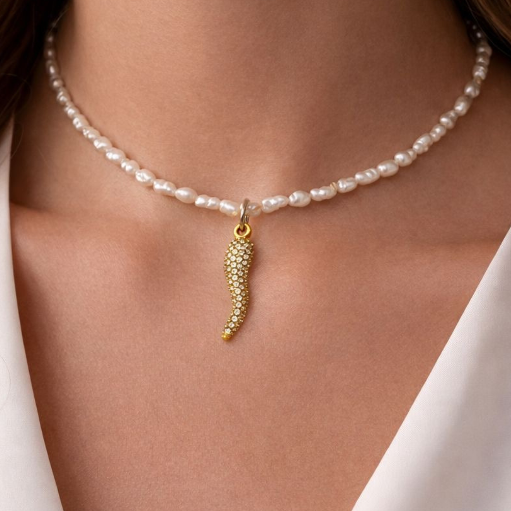 Collana Choker Cornetto Micro Perle di Fiume in Acciaio Gold