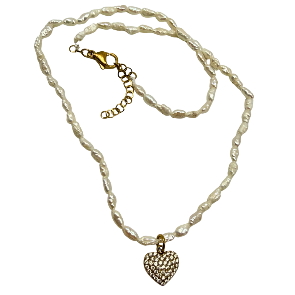 Collana Choker Cuore Micro Perle di Fiume in Acciaio Gold