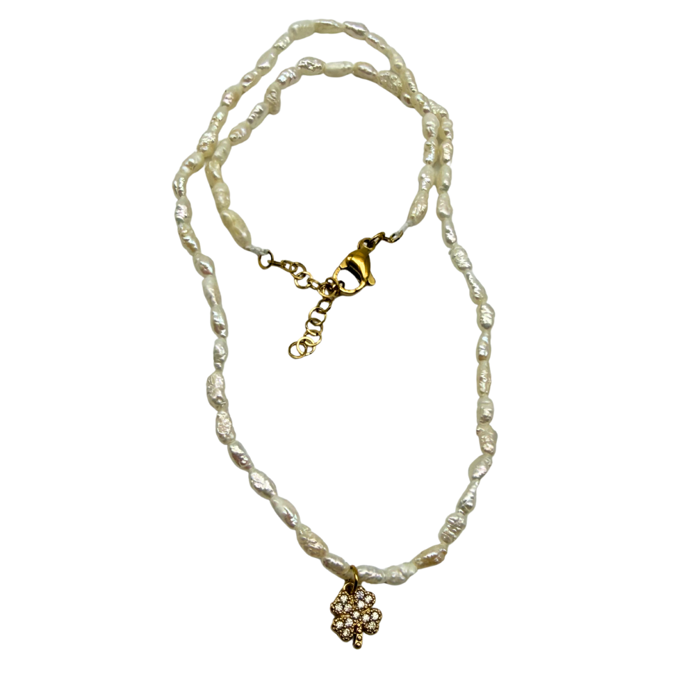 Collana Choker Quadrifoglio Micro Perle di Fiume in Acciaio Gold