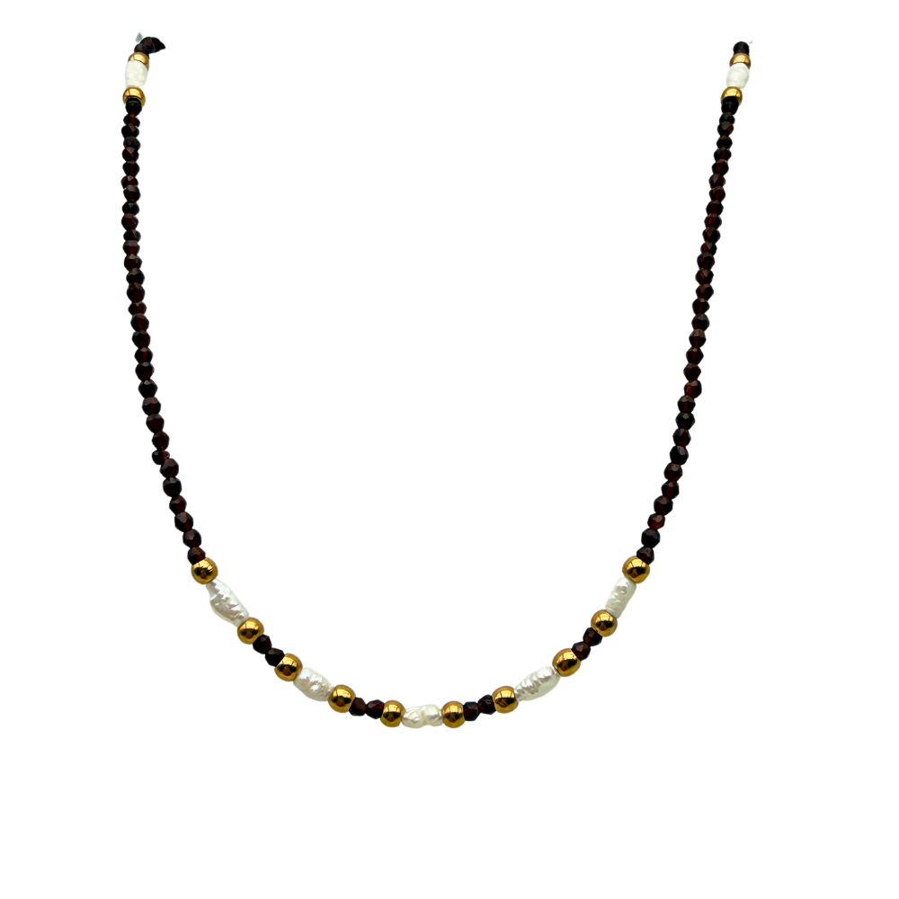 Collana Moka con Cristalli Marroni e Perle di Fiume in Acciaio Gold