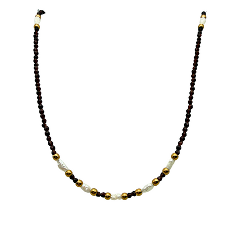 Collana Moka con Cristalli Marroni e Perle di Fiume in Acciaio Gold