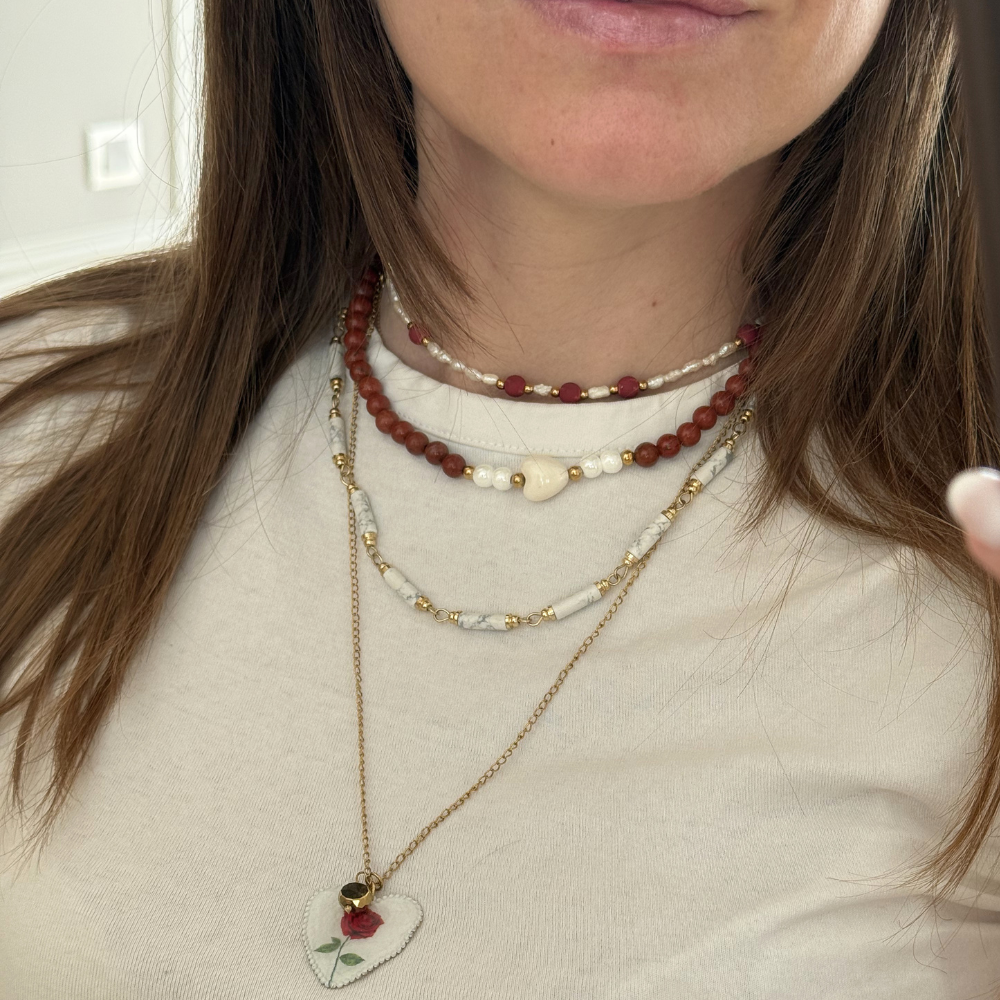 Collana Choker Micro Perle di Fiume & Bordeaux in Acciaio Gold