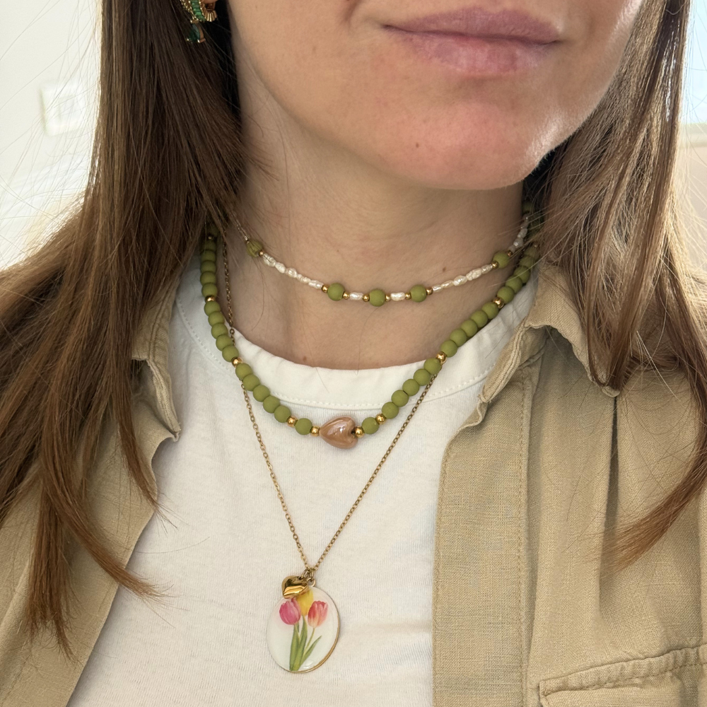 Collana Choker Micro Perle di Fiume & Green in Acciaio Gold