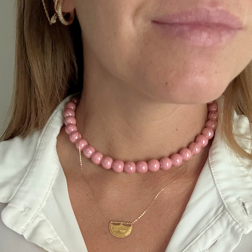 Collana Aurora Ceramica Rosa in Acciaio Gold