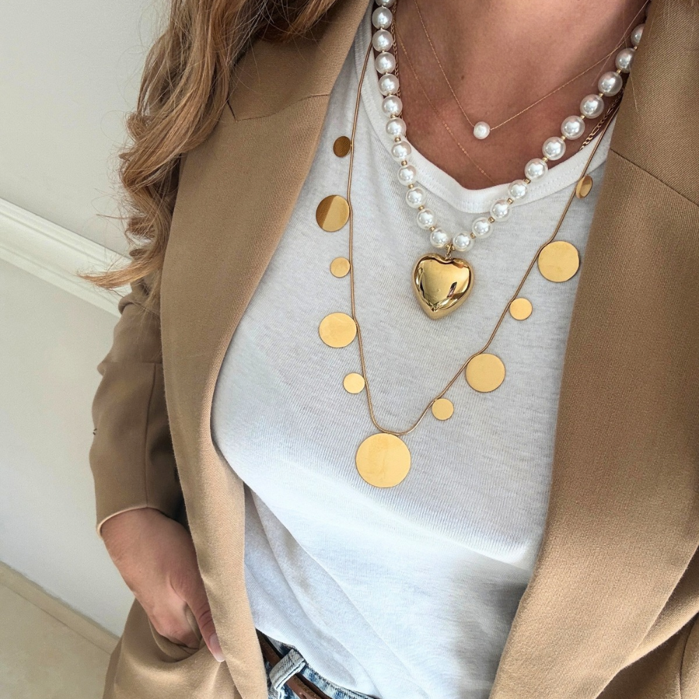 Collana Lunga Medaglie di Luce in Acciaio Gold
