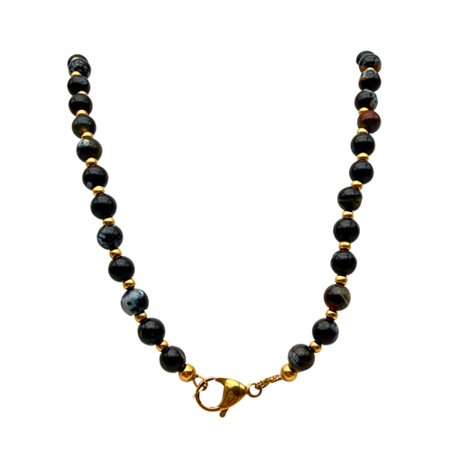 Collana Black Agata Maculata in Acciaio Gold