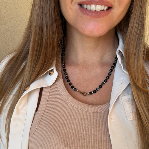 Collana Black Agata Maculata in Acciaio Gold