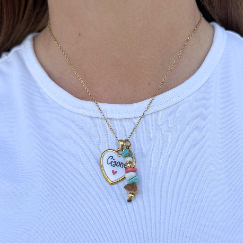 Collana Cuore Ciaone e Ciondolo con Corallini Multicolor in Acciaio Gold