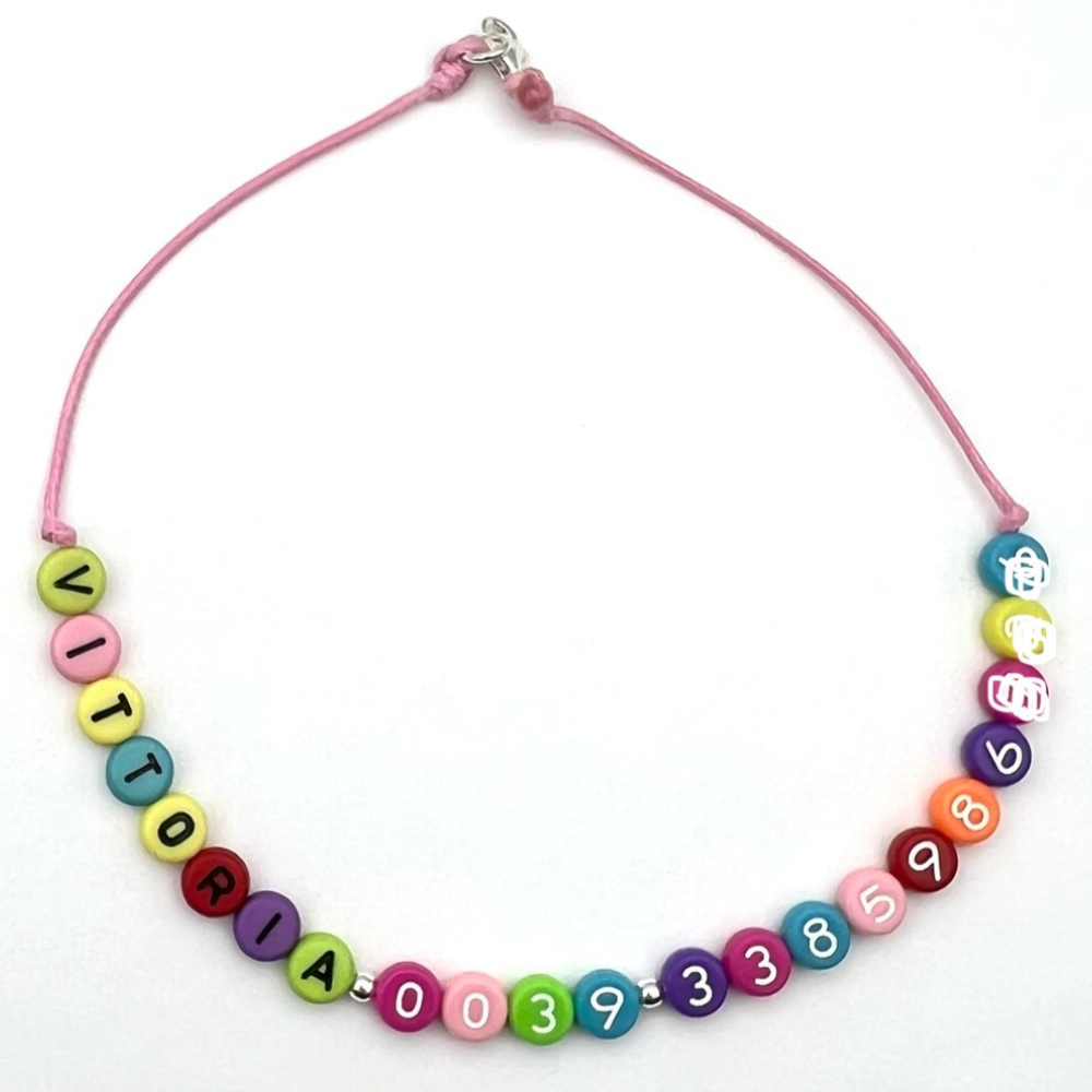 collana in argento 925, cordino e perline colorate personalizzabile con nome e numero di telefono per bambini