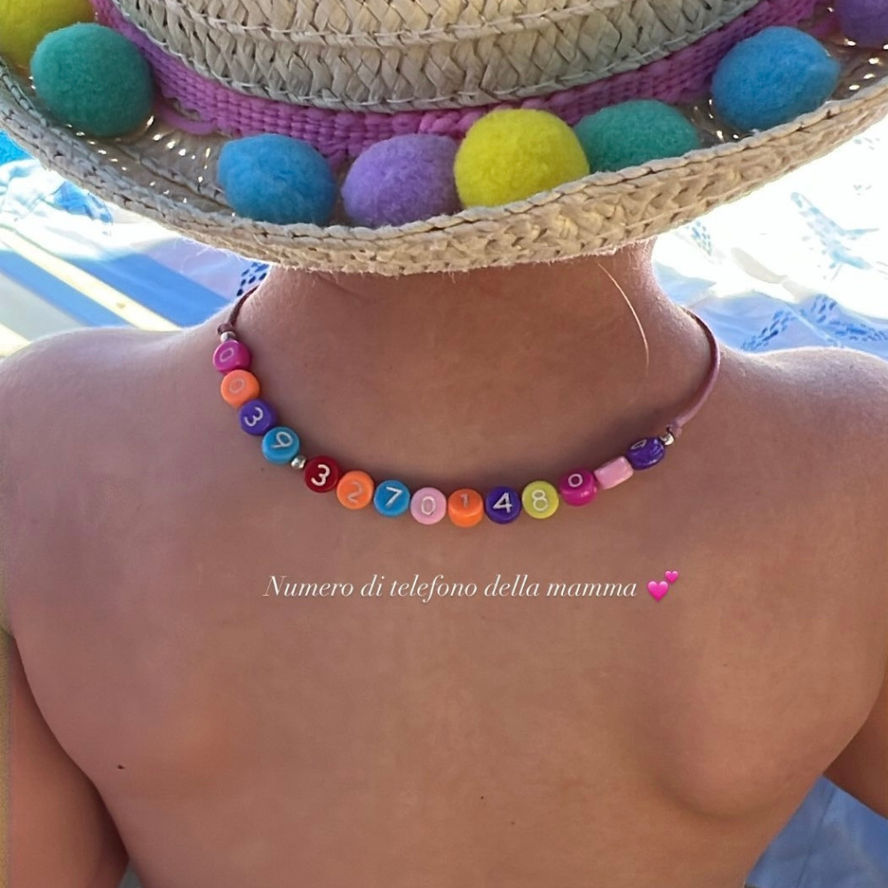 collana in argento 925, cordino e perline colorate personalizzabile con nome e numero di telefono per bambini