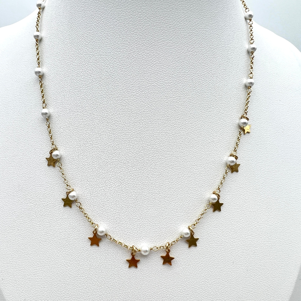 collana in argento con perle e stelle colore gold
