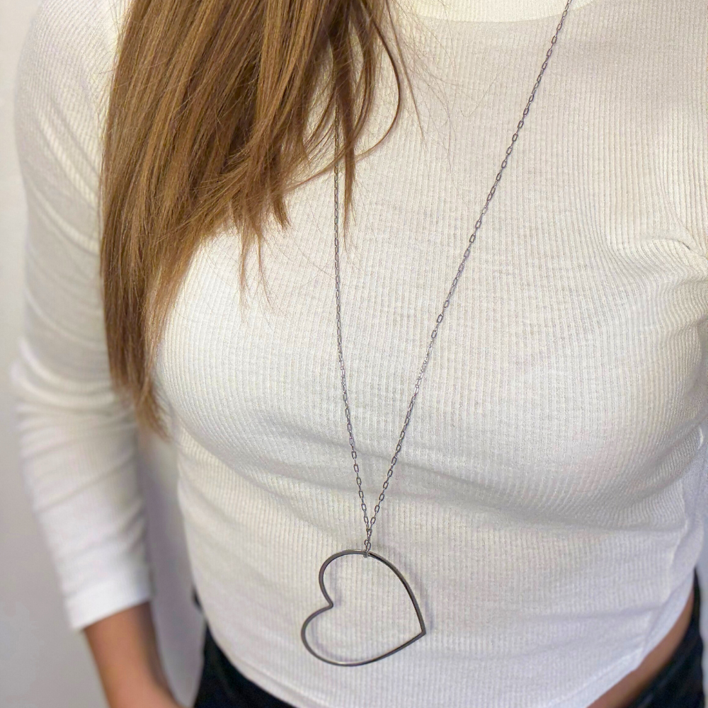 Collana Lunga in Acciaio Silver con Maxi Cuore Aperto