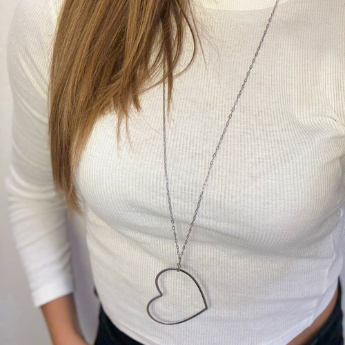 Collana Lunga in Acciaio Silver con Maxi Cuore Aperto