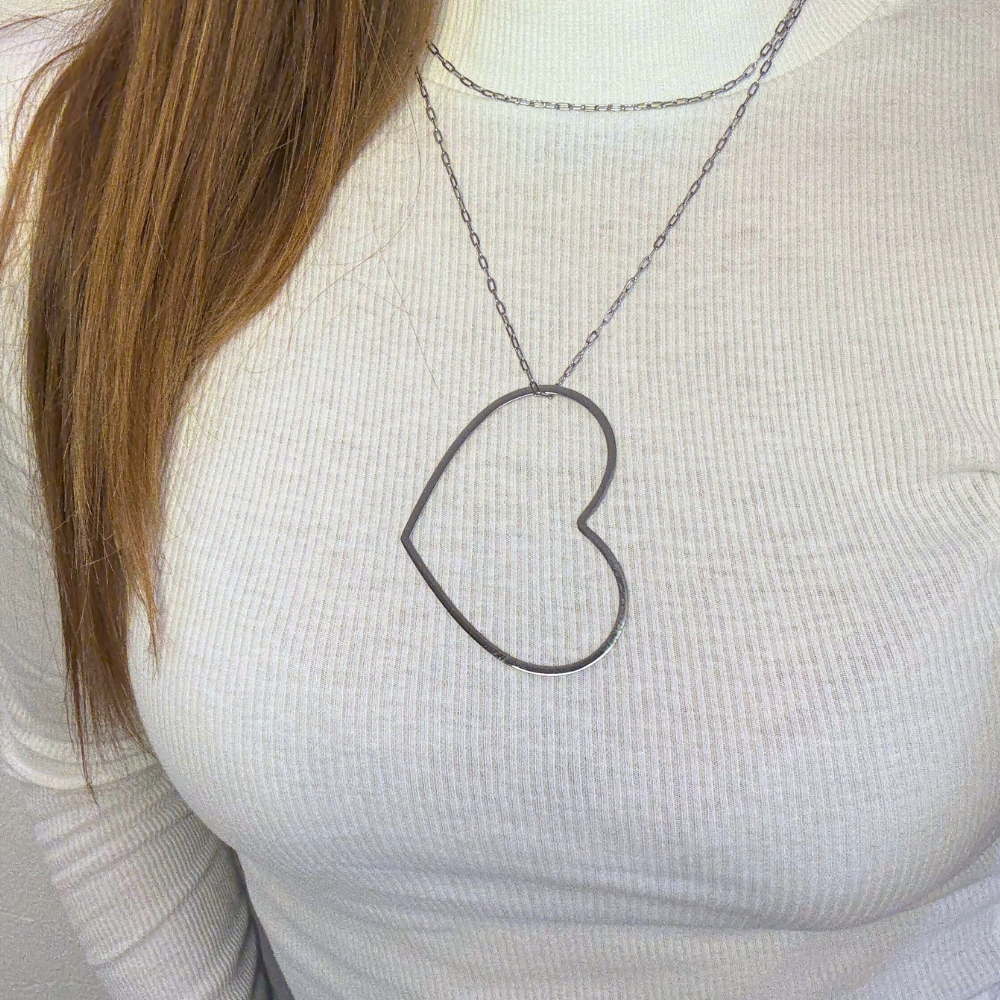 Collana Lunga in Acciaio Silver con Maxi Cuore Aperto
