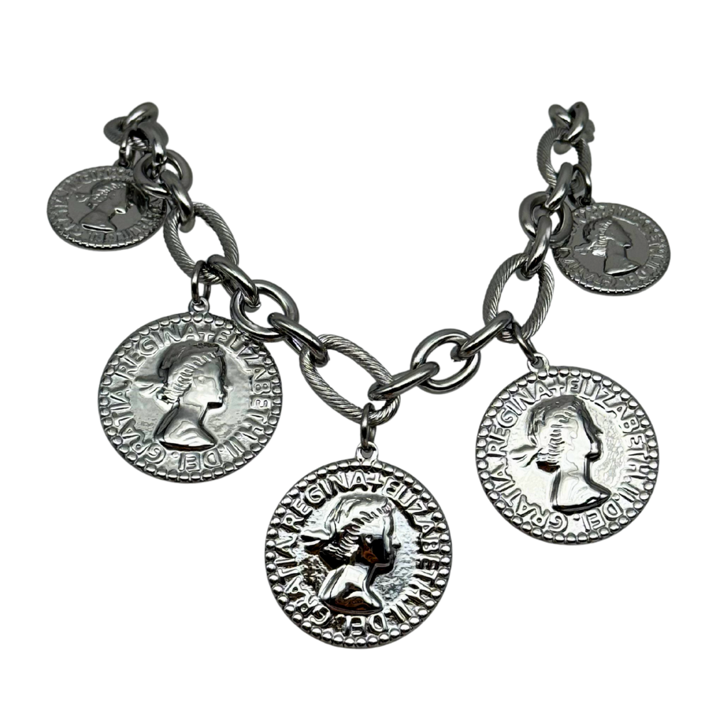Collana Catena Maxi in Acciaio Silver con Medaglie a Moneta