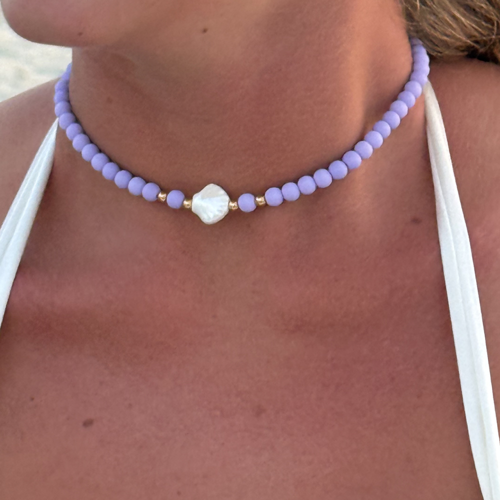 Collana Lilla e Conchiglia Bianca in Acciaio Gold