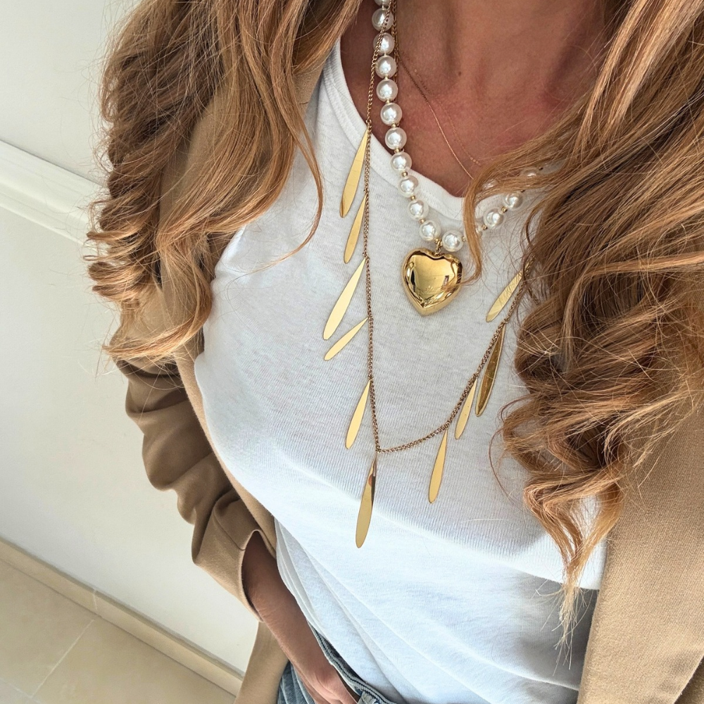 Collana Lunga Petali di Luce in Acciaio Gold