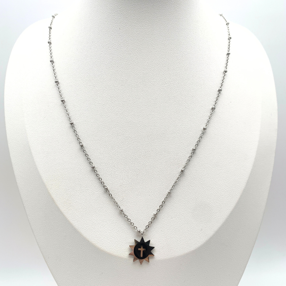 Collana Sfere con Ciondolo Croce in Acciaio Silver