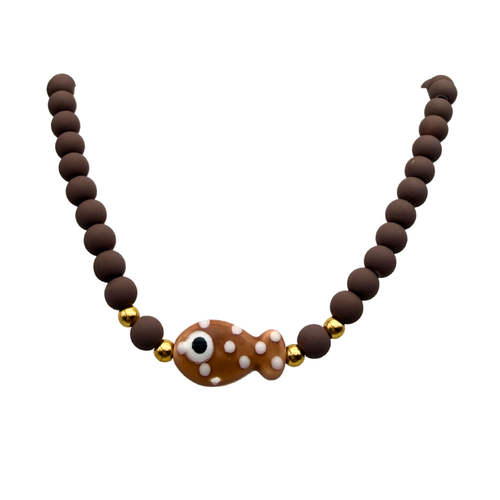 Collana Marrone e Pesciolino Marrone in Acciaio Gold