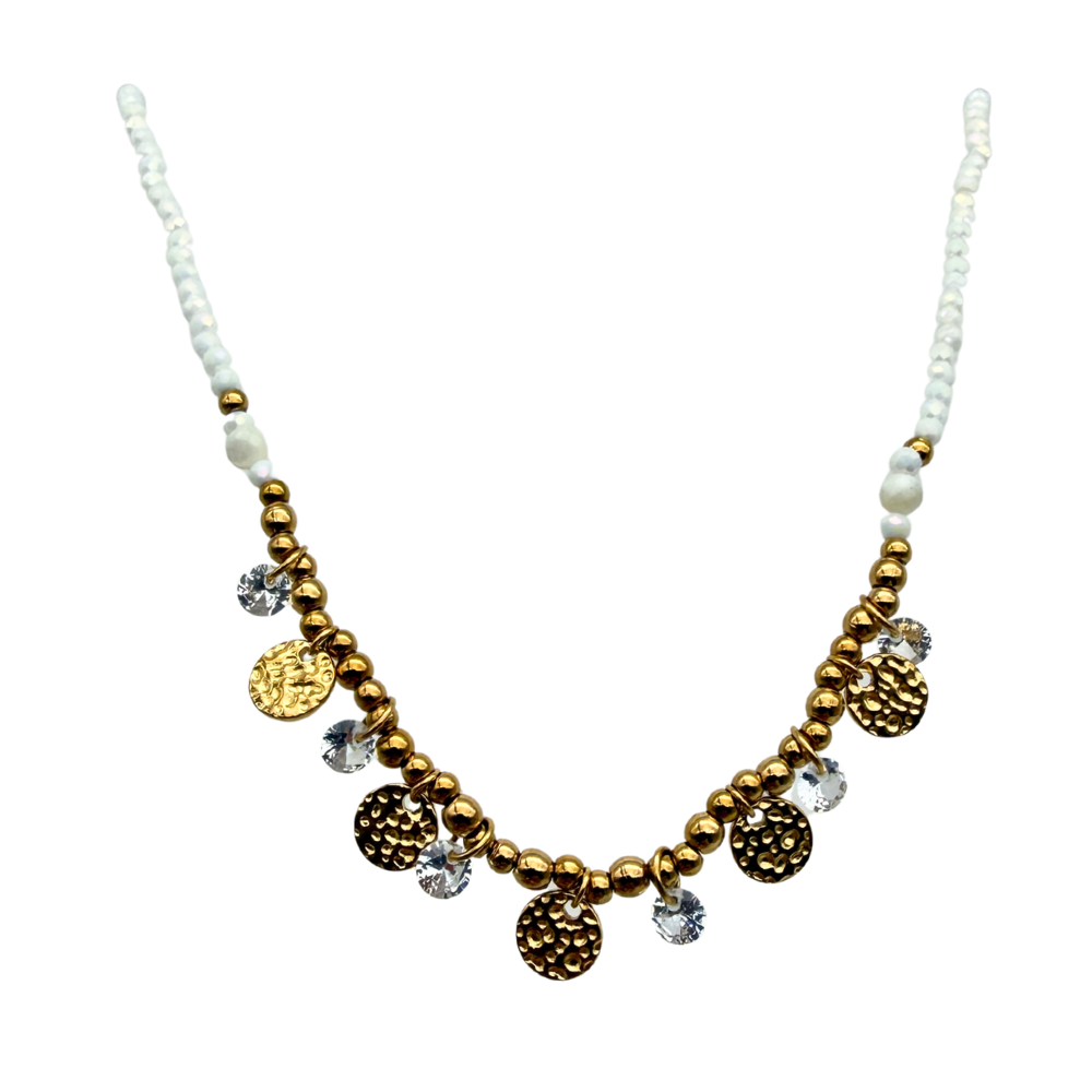 Collana Girocollo Bianca in Perline Colorate con Medagliette in Acciaio Gold