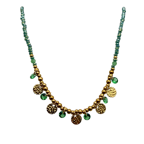Collana Girocollo Verde in Perline Colorate con Medagliette in Acciaio Gold